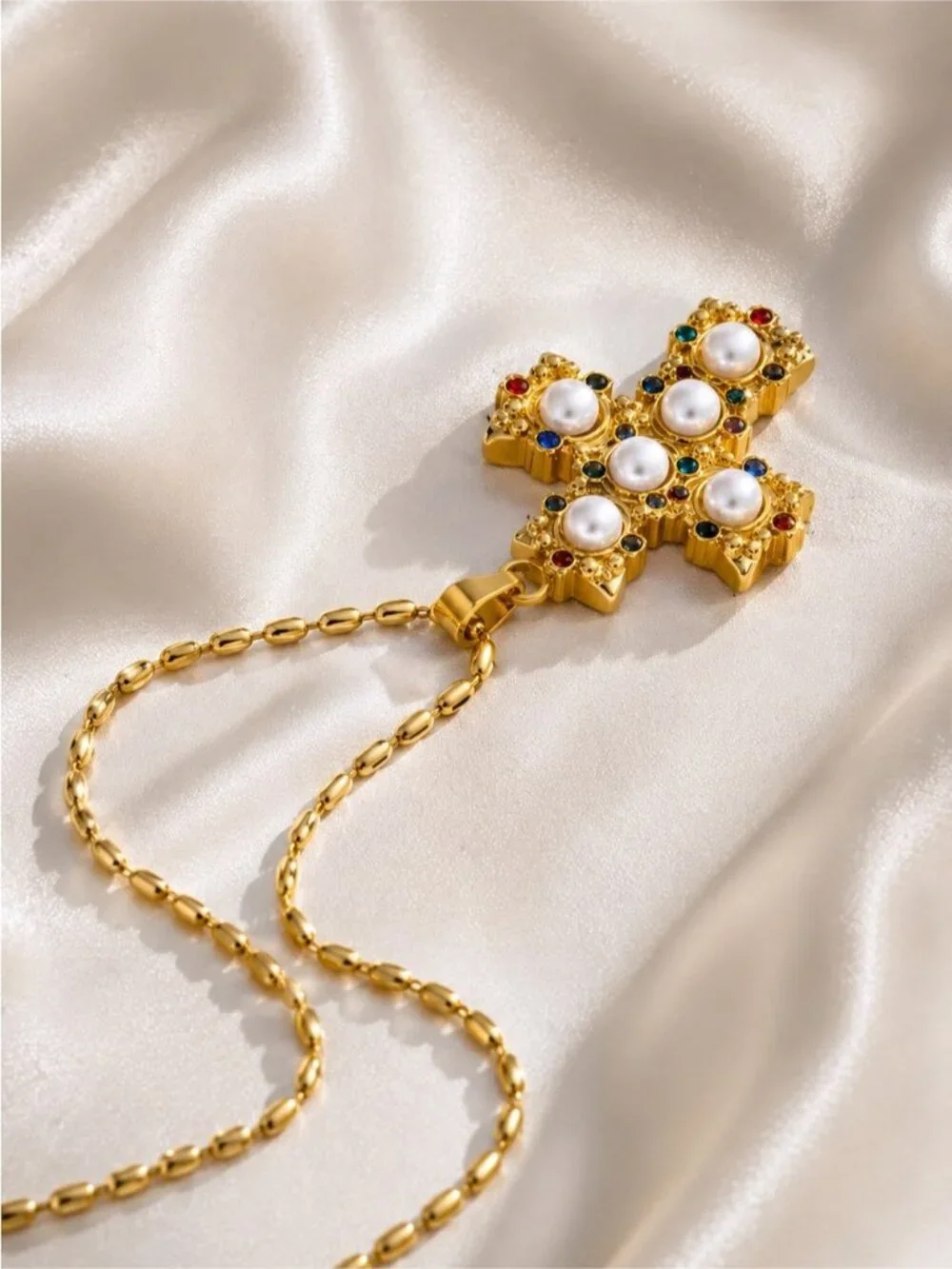 Vintage Gold tone Cross Pendant Necklace with Pearls & Multicolored Gems